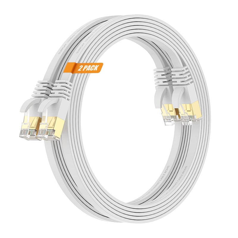 Surplay Cat7 6FT-2Pack Ethernet Cable Flat-White-10Gbps High Speed Ultra Slim Network Patch Cord,Gold-Plated RJ45 Double Shielded with Ground Wire & Cable-Tie for PS5/4,Xbox,TV,Router - Image 1